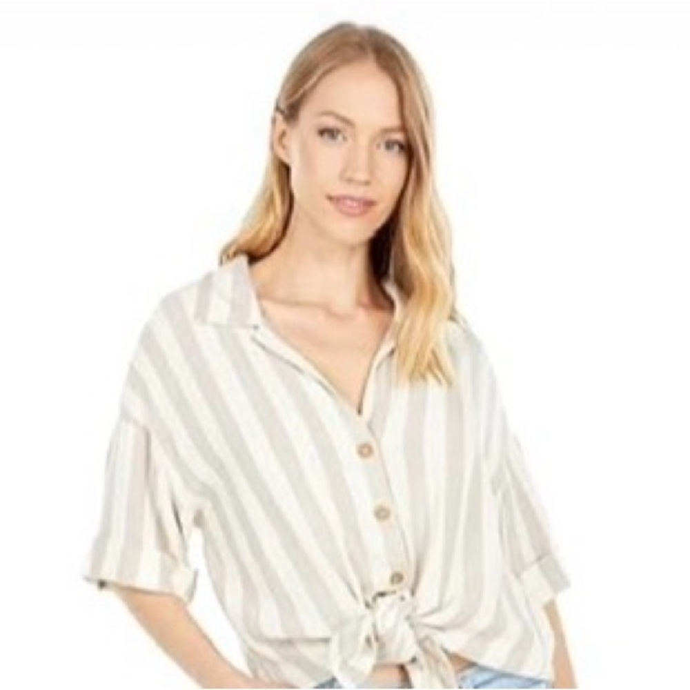 Rip Curl Striped Set Shirt L Shorts XL Tan White Viscose Beach Vacation Cruise